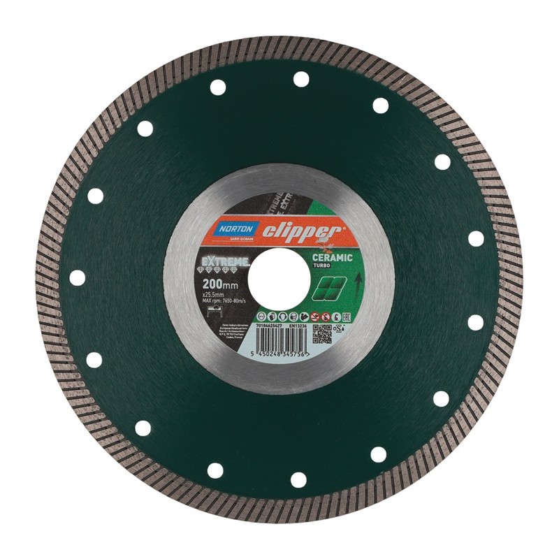 Disque à tronçonner diamant Extreme Ceram Turbo D. 200 mm perçage 25,4 mm 1,4 mm 10 mm NORTON CLIPPER Disque à tronçonner diamant Extreme Ceram Turbo D. 200 mm perçage 25,4 mm 1,4 mm 10 mm NORTON CLIPPER
