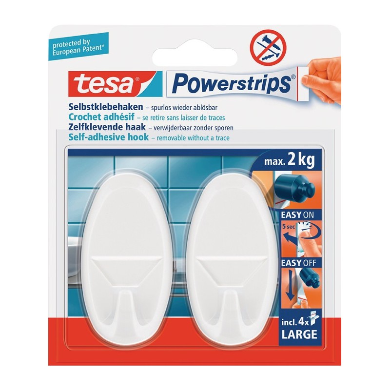 Crochet de décoration crochet Powerstrips® LARGE 58013 taille L (70 x 37 mm) ovale blanc 2 crochets/4 bandes TESA Crochet de décoration crochet Powerstrips® LARGE 58013 taille L (70 x 37 mm) ovale blanc 2 crochets/4 bandes TESA