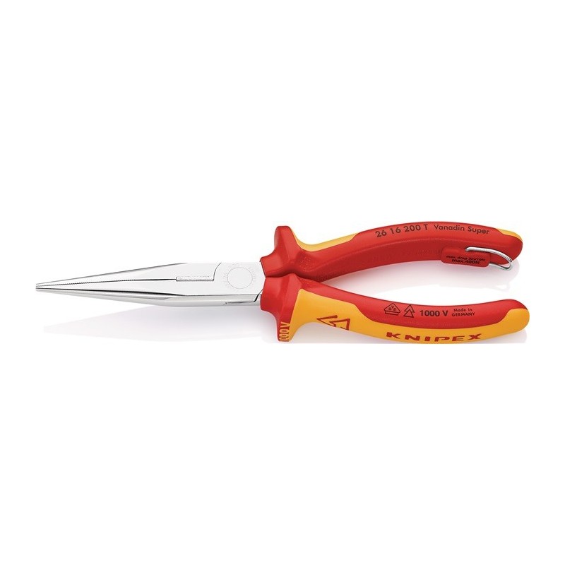 Pince à becs plats, ronds L. 200 mm chromé droite VDE avec oeillet de fixation gaines bicomposant KNIPEX Pince à becs plats, ronds L. 200 mm chromé droite VDE avec oeillet de fixation gaines bicomposant KNIPEX
