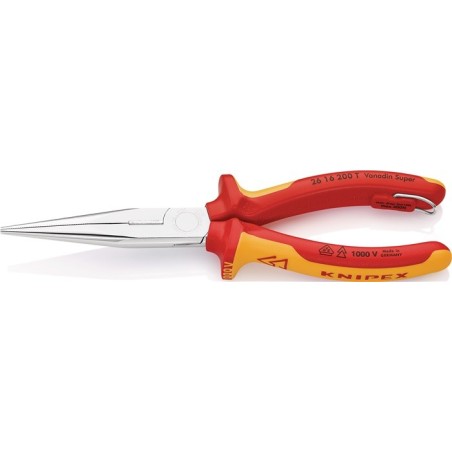 Pince à becs plats, ronds  L. 200 mm chromé droite VDE avec oeillet de fixation gaines bicomposant  KNIPEX