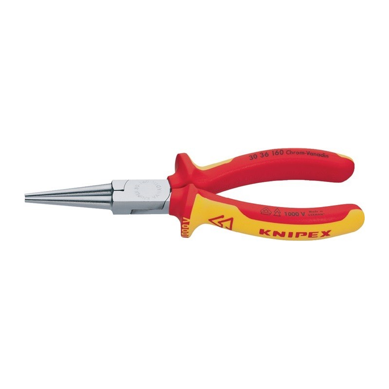 Pince à becs longs DIN/ISO5745 L. totale 160 mm forme 3 tête chromé longue, rond VDE gaines bicomposant KNIPEX Pince à becs longs DIN/ISO5745 L. totale 160 mm forme 3 tête chromé longue, rond VDE gaines bicomposant KNIPEX