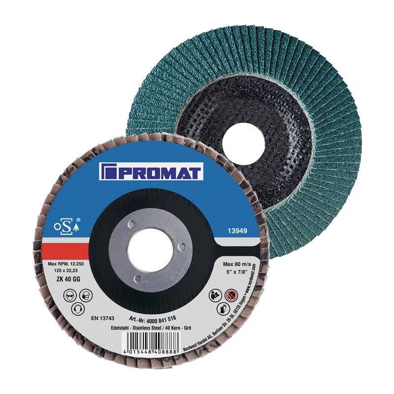 10 Disques lamelles D. 125 mm G 40 conique INOX corindon zirconien PROMAT 10 Disques lamelles D. 125 mm G 40 conique INOX corindon zirconien PROMAT