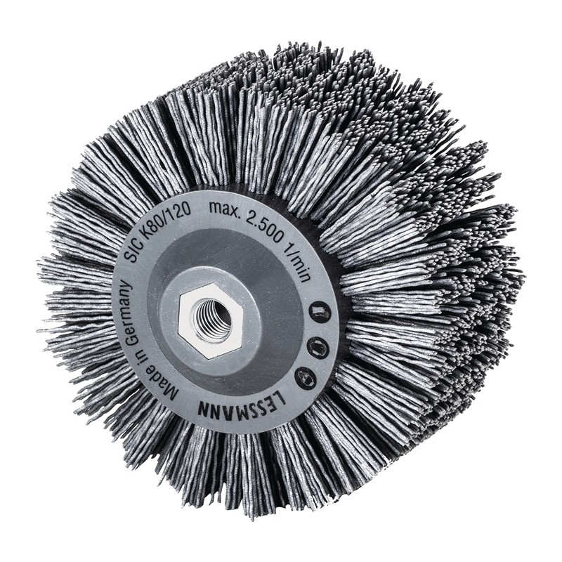 Brosse plate Ø 140 mm M14 SiC poils de ponç. granulation 80 60 mm 2500 min-¹ LESSMANN Brosse plate Ø 140 mm M14 SiC poils de ponç. granulation 80 60 mm 2500 min-¹ LESSMANN