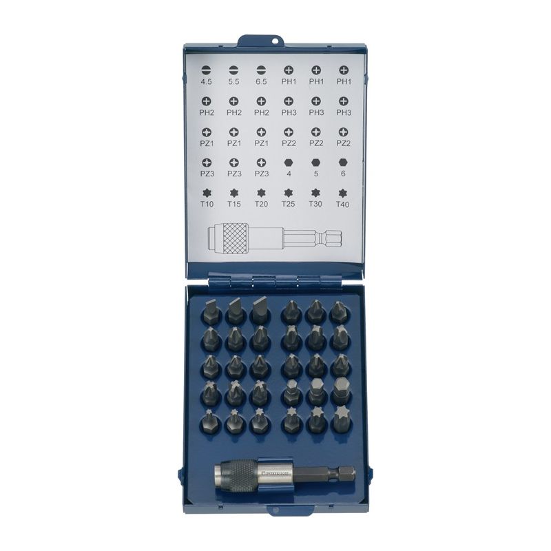 Assortiment d'embouts 31 pièces fente/PH/PZD/TX av aimant et porte-mèches à serr Assortiment d'embouts 31 pièces fente/PH/PZD/TX av aimant et porte-mèches à serr