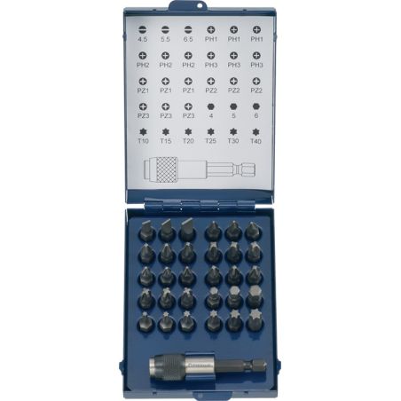 Assortiment d'embouts 31 pièces fente/PH/PZD/TX av aimant et porte-mèches à serr